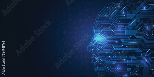 Blue digital face silhouette with glowing eye and circuit board patterns dark background with subtle binary code