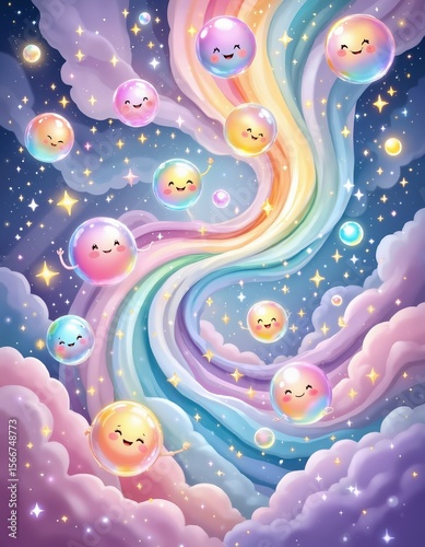 Whimsical cosmic scene with colorful smiling bubbles and stars in a vibrant sky