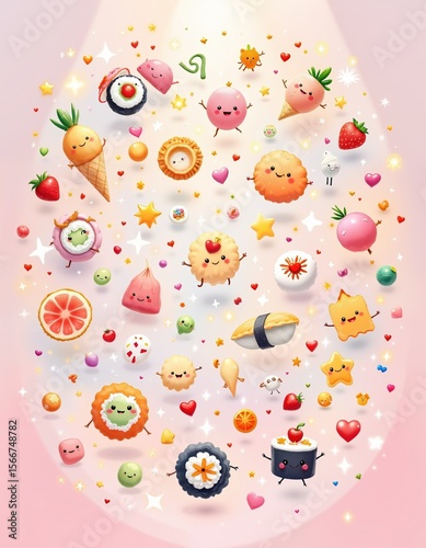 Cute kawaii food characters and happy snacks with smiling faces and colorful stars
