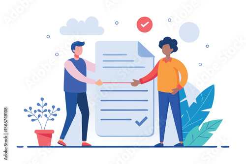 Diverse colleagues collaborate on a document, achieving a shared goal; flat design, positive mood.