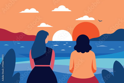 Two Women Contemplating Sunset Ocean View: Minimalist Modern Art Illustration