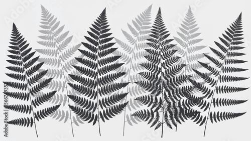 Dark fern fronds layered on light background botanical