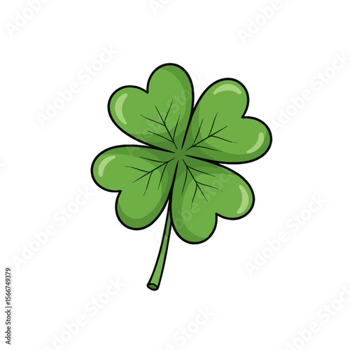 A vibrant green fourleaf clover is isolated on white background