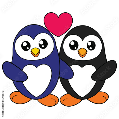 Valentine's Day Penguins with Heart. Penguin Love Vector Illustration.