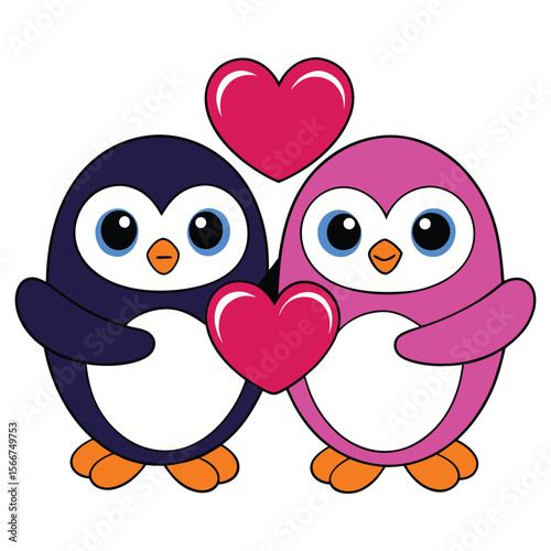 Valentine's Day Penguins with Heart. Penguin Love Vector Illustration.