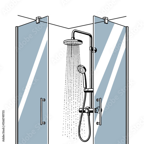 A modern shower stall is isolated on white background