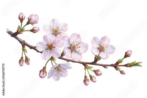 Delicate pink cherry blossoms and buds on a branch