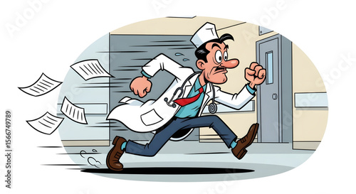 Cartoon businessman in a suit with a briefcase running to work at the office