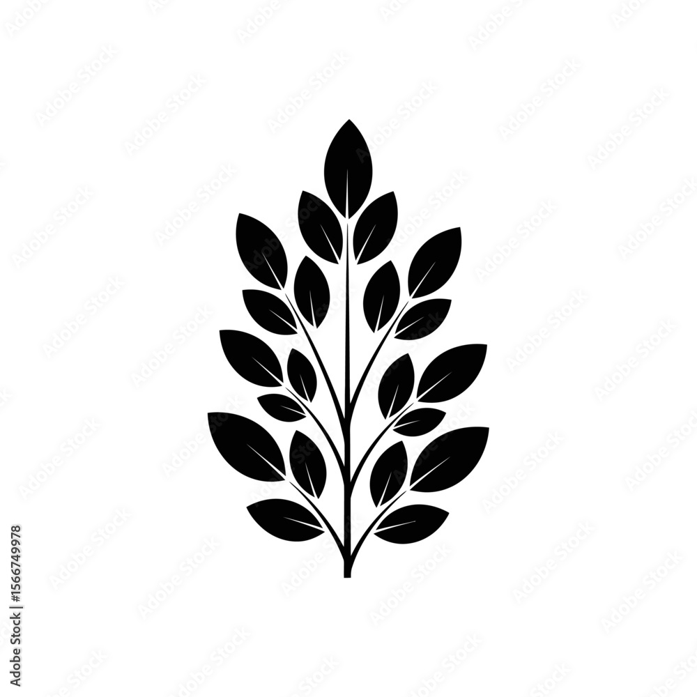 Fototapeta premium A black silhouette of a leafy branch is isolated on a white background