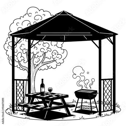 A gazebo with a picnic table and barbecue grill is isolated on white background