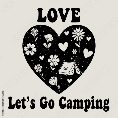A heart filled with camping elements and flowers conveys a message of love for camping