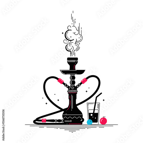 Hookah with smoke and fruit isolated on white background
