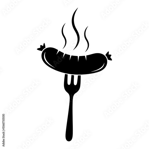A steaming sausage impaled on a fork, isolated on white background