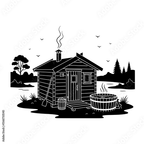 A sauna cabin sits by a lake in a peaceful landscape, isolated on white background