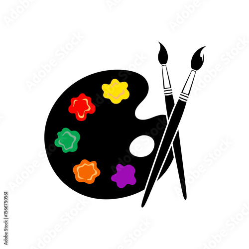 An artists palette with colorful paints and two brushes isolated on white background
