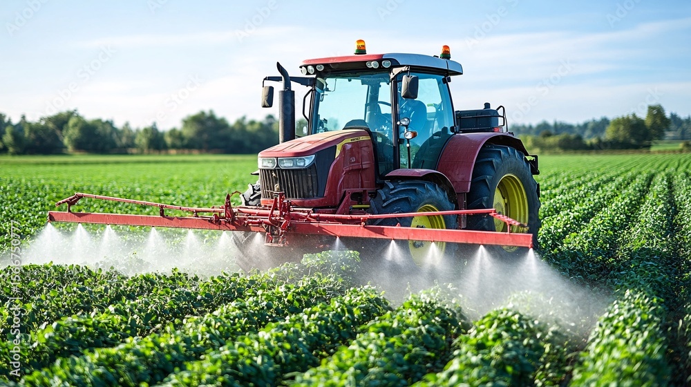 Fototapeta premium modern red tracked tractor spraying crops in green field for agriculture and farming landscape