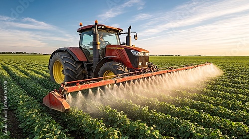 red tractor spraying crops in sustainable farming field at sunset
