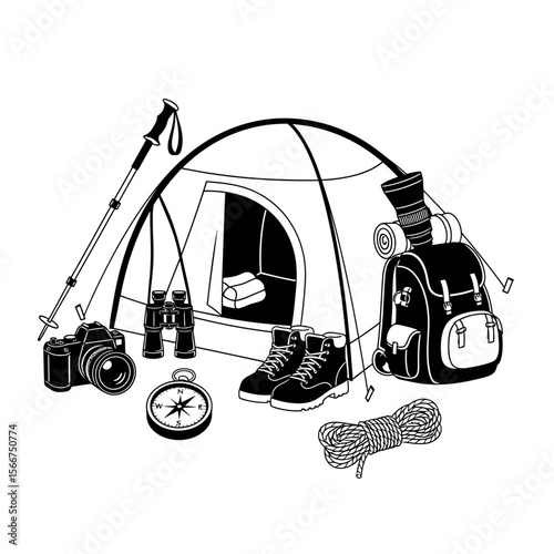 Camping equipment including a tent, backpack, and boots isolated on white background