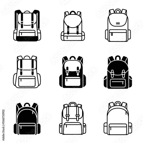Collection of various backpack icons isolated on white background
