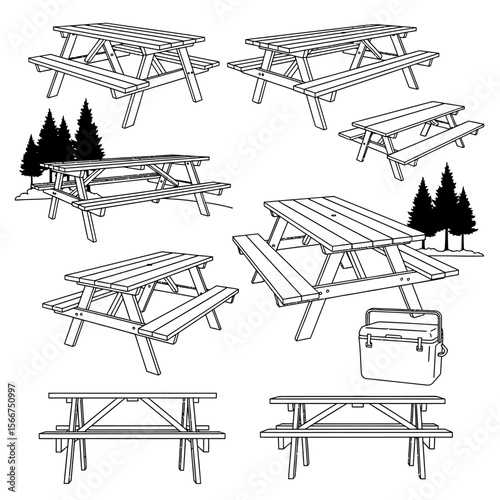 A collection of picnic tables and a cooler are isolated on white background