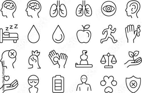 Essential Human Body and Wellness Outline Icons for Health, Medical, and Lifestyle Concepts