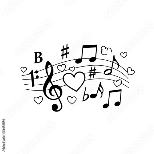 Musical notes and hearts are floating on a white background