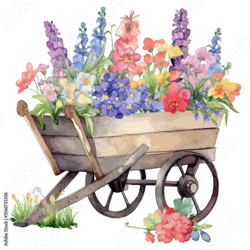 An old wooden wheelbarrow brimming with vibrant summer flowers in a lush garden