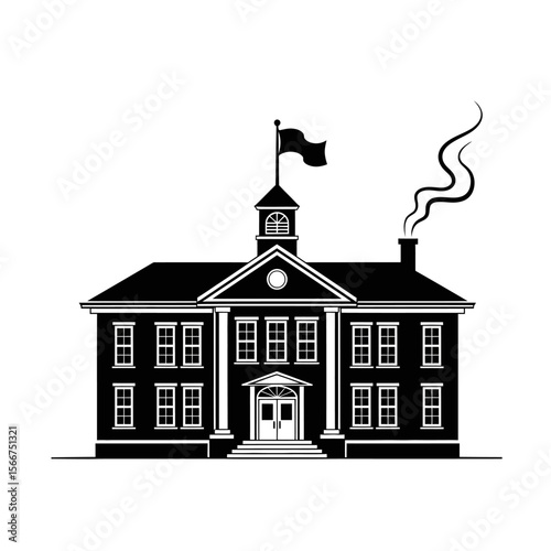 A stately building with a flag and smoking chimney isolated on white background