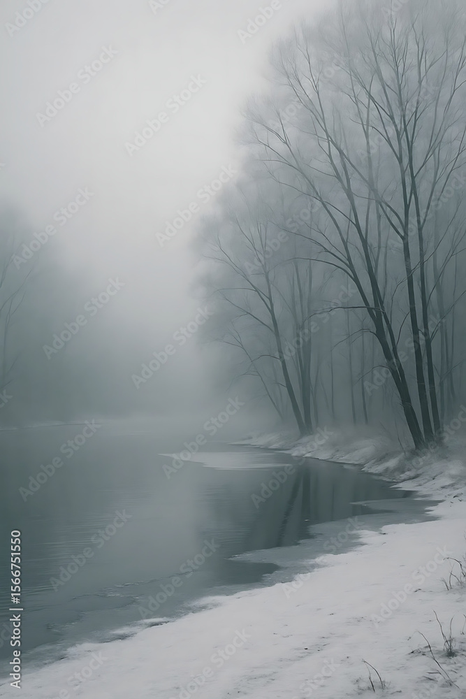 Obraz premium Hyper-Realistic Cinematic Winter Riverside with Mist and Snow – Quiet Solitude in 9:16