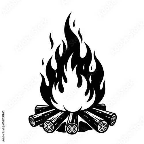 A blazing bonfire with logs isolated on white background
