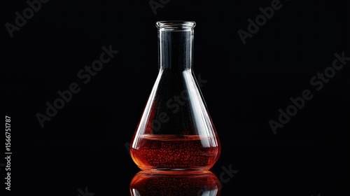 A red liquid in a conical flask against a black background.