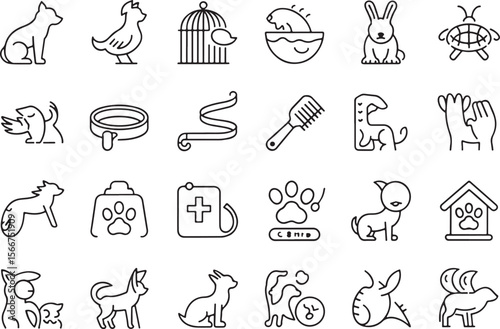 Adorable Pets and Animal Care Outline Icons for Veterinary, Grooming, and Domestic Animals