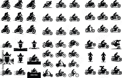 Motorbike Rider Icon Pack – Male Motorcycle Silhouette Art Man Riding Motorcycle Silhouette Set – High-Speed Vector Icons