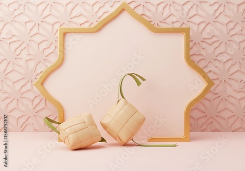 Two green 3D diamonds with gold frames and Islamic patterns on a pink background. Modern graphic design for an elegant Eid greeting.