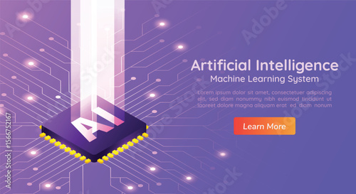 Isometric AI design with circuitry a central chip beaming light upwards and a Learn More button