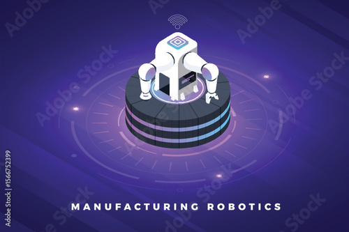 Isometric robotic cell is centered on a circular platform against a purple background with Manufacturing Robotics below