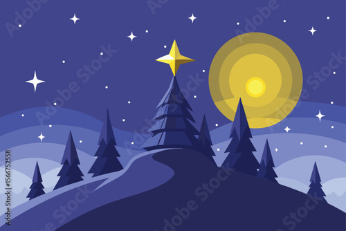 christmas night landscape with moon