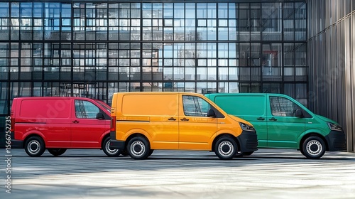 Three colorful vans parked in front of a modern building.