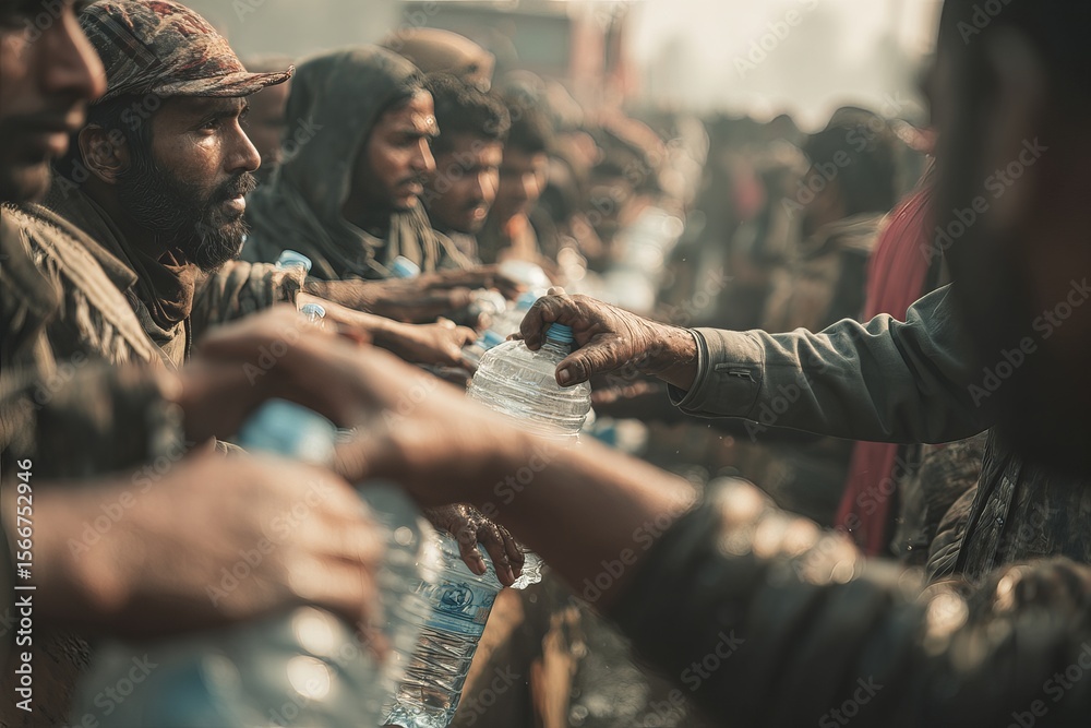 Obraz premium Volunteers hand out water bottles to exhausted civilians in sweltering heat a poignant documentary shot of thirst, survival, and solidarity in crisis.