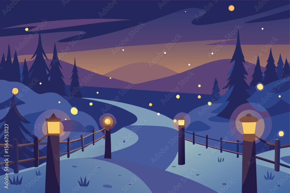 Fototapeta premium Winter Path with Lanterns at Sunset