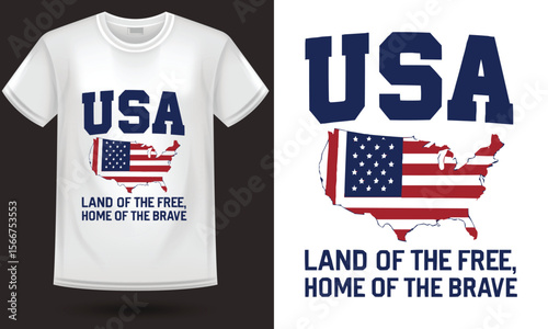 USA Map T-Shirt Design  American Flag Inside United States Shape with Land of the Free, Home of the Brave Patriotic Quote