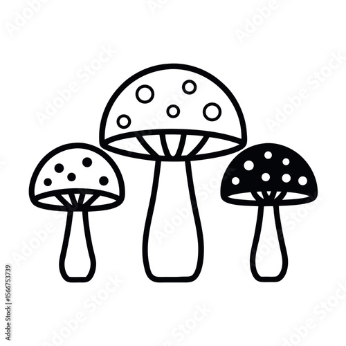 Set of Three Minimalist Mushrooms – Line Art Vector Illustration – Simple Botanical Icons for Nature Graphics, Foraging Themes, Organic Decor, and Woodland or Forest Design Projects