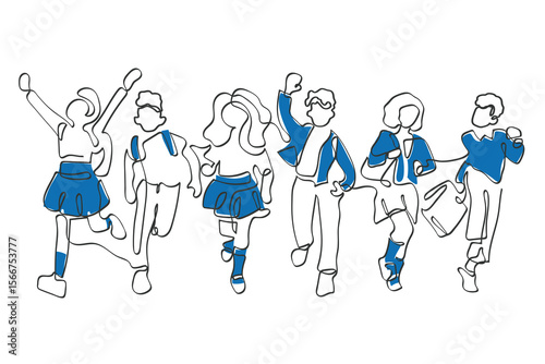 Hand drawn line art vector of school kids. Back to school art. Excited group of tweens.