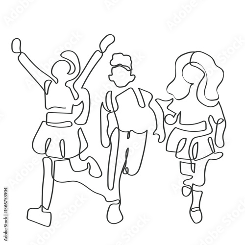 Hand drawn line art vector of school kids. Back to school art. Excited group of tweens.