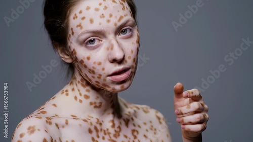 A beautiful young woman with extensive skin pigmentation poses for a studio portrait, her pale skin covered in brown spots. She looks directly at the viewer, her expression calm yet confident.