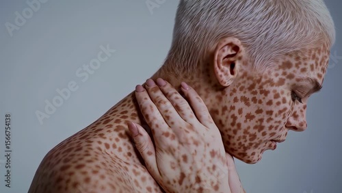 A unique young woman with a pixie cut and skin covered in an animal-like print of brown spots poses thoughtfully, touching her skin in a studio with soft lighting.