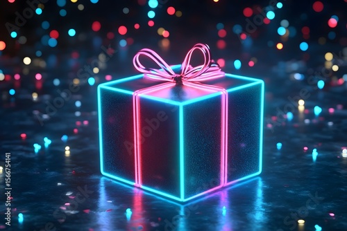 Glowing gift box with neon lights.