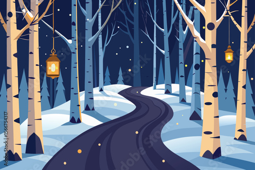 Snowy Birch Forest with Path and Lanterns Vector