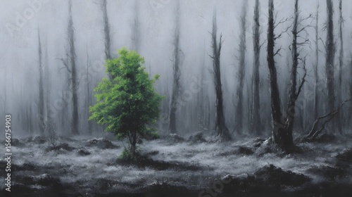 A lone green tree standing amidst a forest of dead bare trees