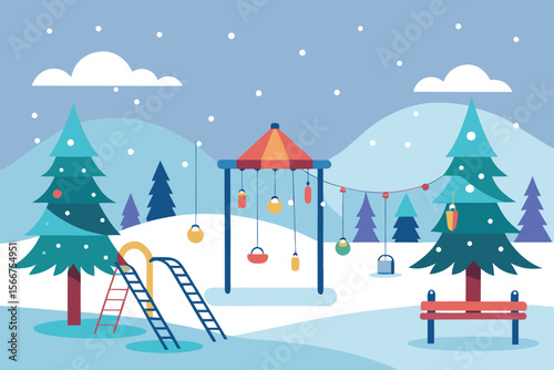 Snowy Playground with Slide and Swings Vector